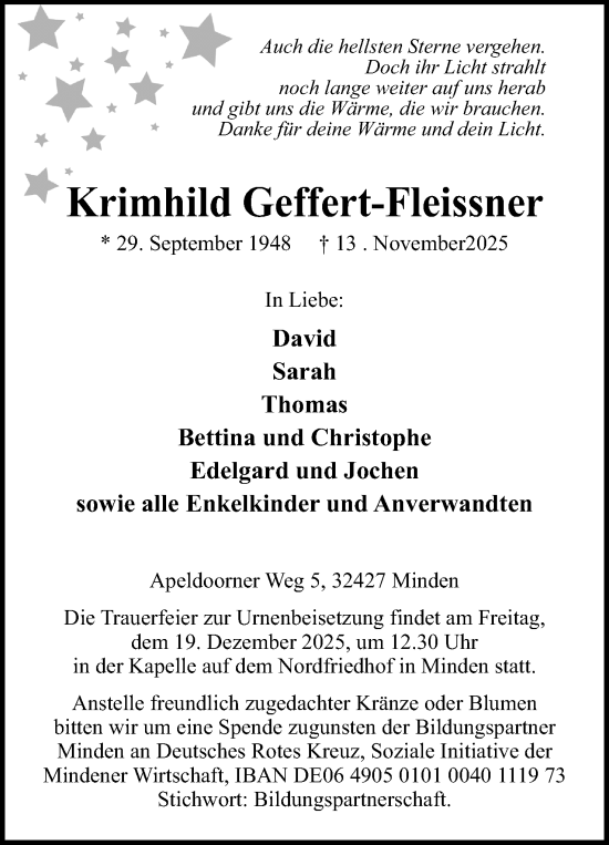 Anzeige von Krimhild Geffert-Fleissner von Mindener Tageblatt