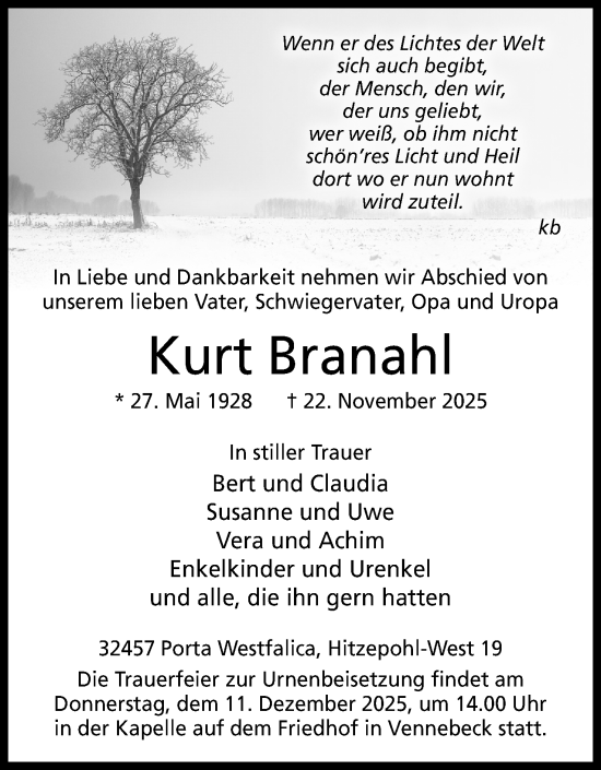 Anzeige von Kurt Branahl von Mindener Tageblatt