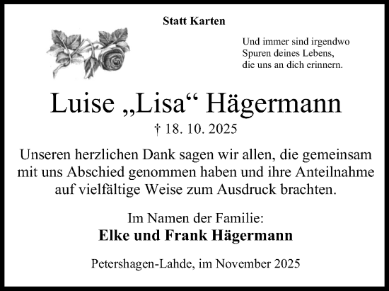 Anzeige von Luise Hägermann von Mindener Tageblatt