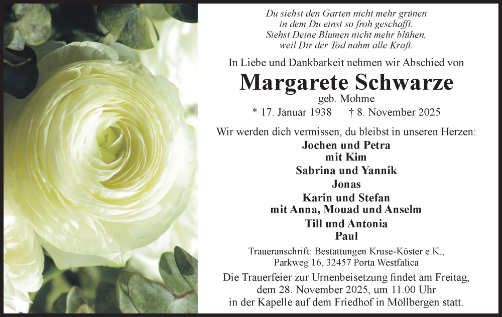  Traueranzeige für Margarete Schwarze vom 22.11.2025 aus Mindener Tageblatt