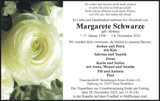 Anzeige von Margarete Schwarze von Mindener Tageblatt