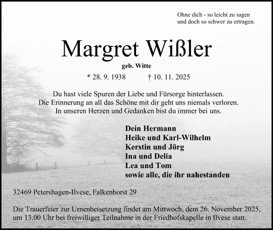 Anzeige von Margret Wißler von Mindener Tageblatt