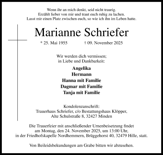 Anzeige von Marianne Schriefer von Mindener Tageblatt