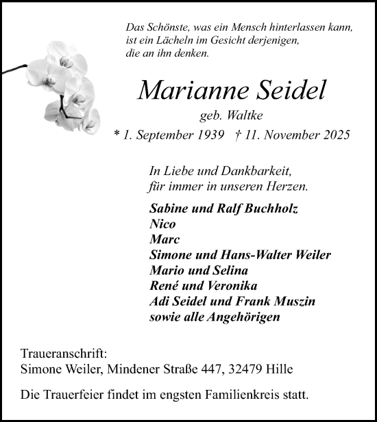 Anzeige von Marianne Seidel von Mindener Tageblatt