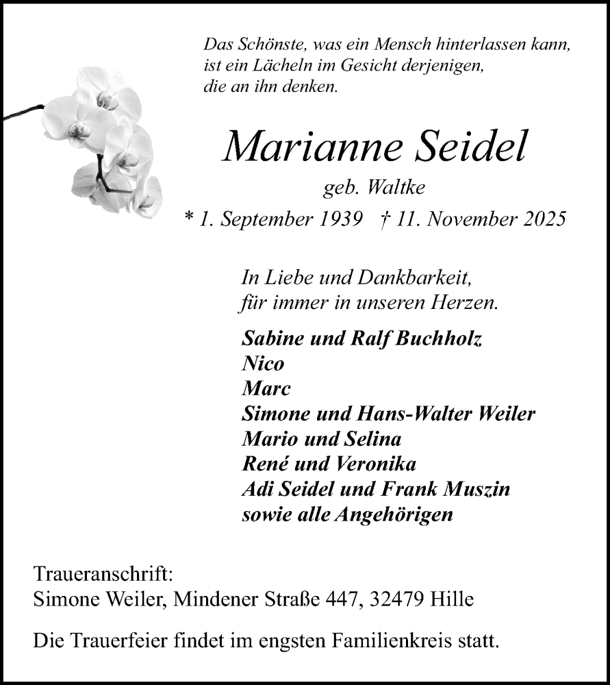  Traueranzeige für Marianne Seidel vom 15.11.2025 aus Mindener Tageblatt