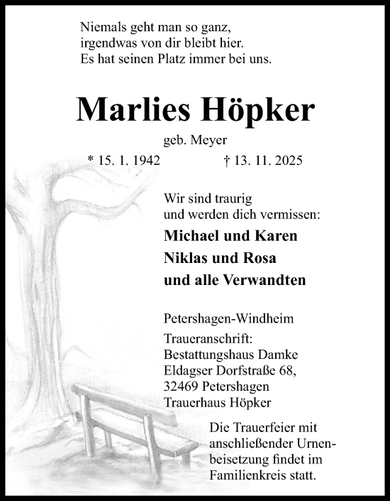 Anzeige von Marlies Höpker von Mindener Tageblatt