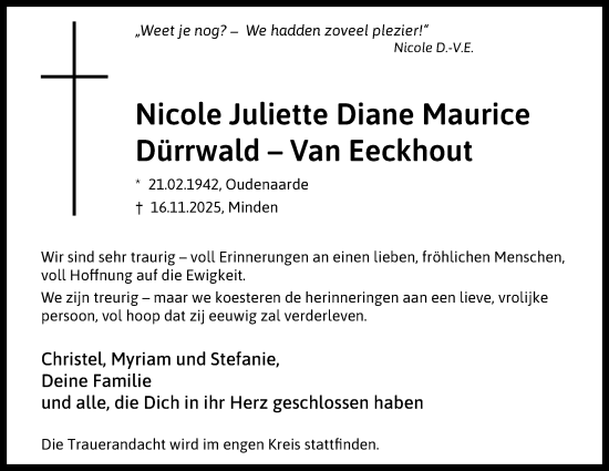 Anzeige von Nicole Juliette Diane Maurice Dürrwald-Van Eeckhout von Mindener Tageblatt