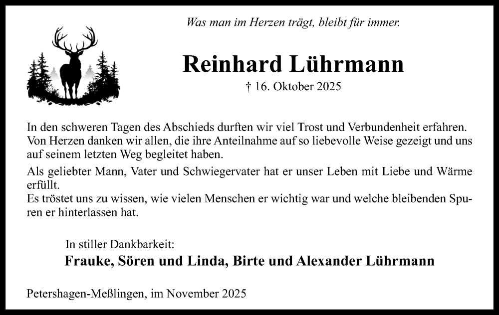  Traueranzeige für Reinhard Lührmann vom 29.11.2025 aus Mindener Tageblatt