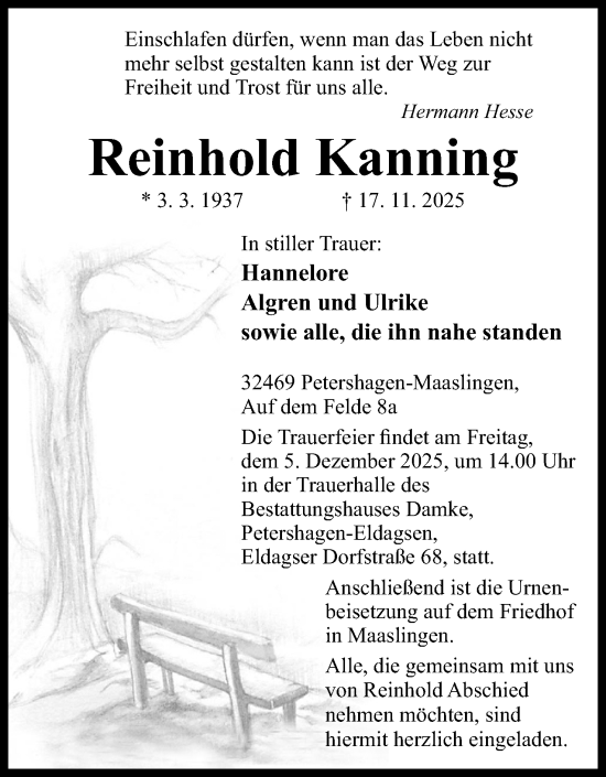 Anzeige von Reinhold Kanning von Mindener Tageblatt