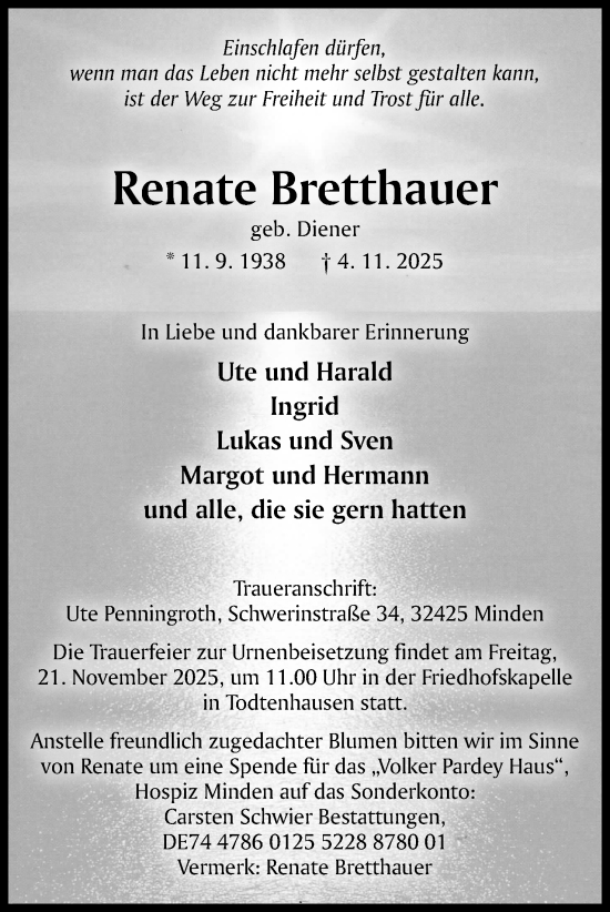 Anzeige von Renate Bretthauer von Mindener Tageblatt