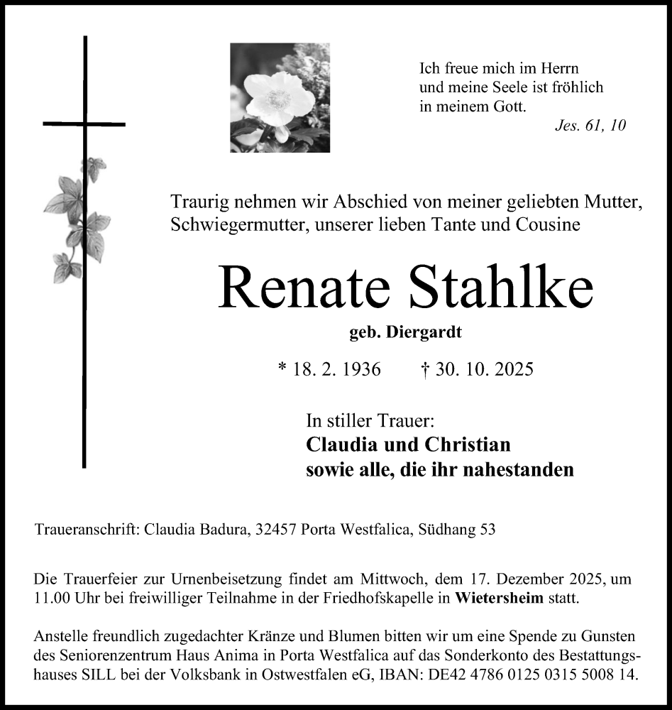  Traueranzeige für Renate Stahlke vom 29.11.2025 aus Mindener Tageblatt