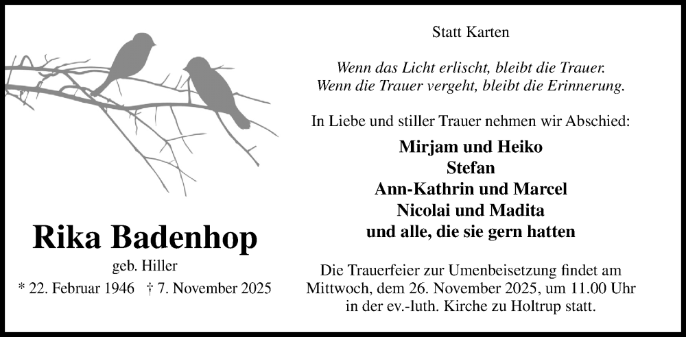  Traueranzeige für Rika Badenhop vom 15.11.2025 aus Mindener Tageblatt