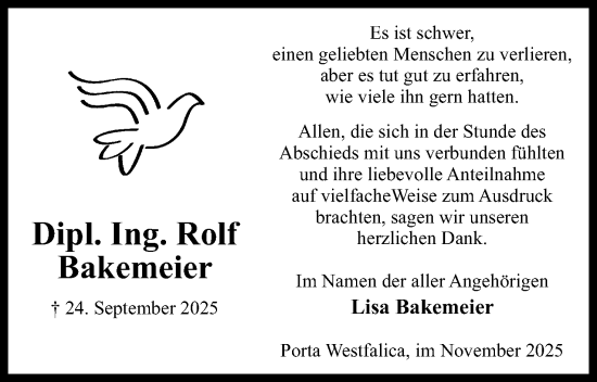 Anzeige von Rolf Bakemeier von Mindener Tageblatt
