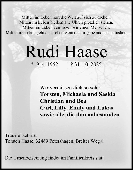 Anzeige von Rudi Haase von Mindener Tageblatt