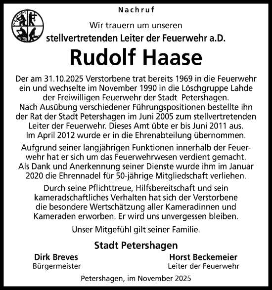 Anzeige von Rudolf Haase von Mindener Tageblatt