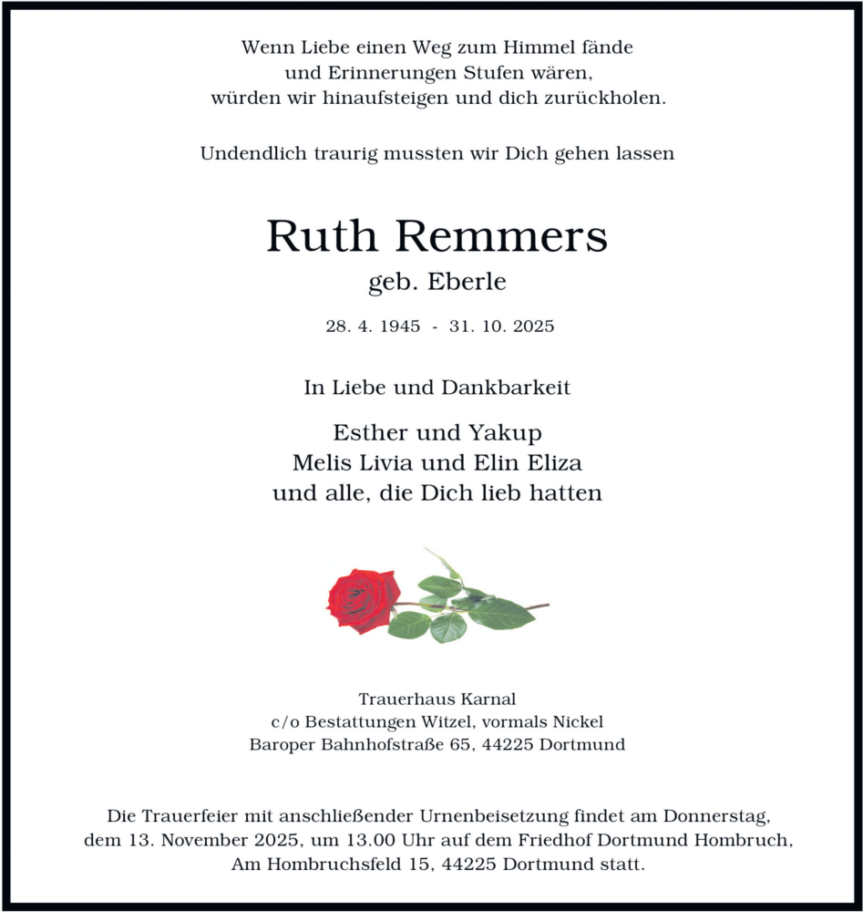  Traueranzeige für Ruth Remmers vom 08.11.2025 aus Mindener Tageblatt