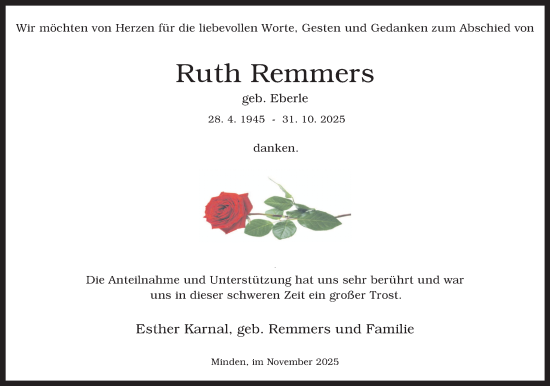 Anzeige von Ruth Remmers von Mindener Tageblatt