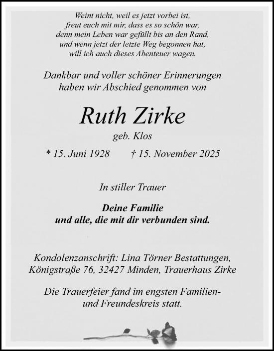 Anzeige von Ruth Zirke von Mindener Tageblatt
