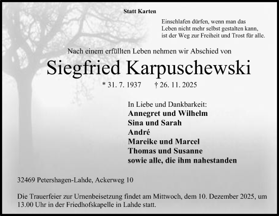 Anzeige von Siegfried Karpuschewski von Mindener Tageblatt