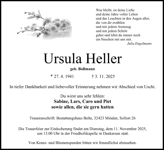 Anzeige von Ursula Heller von Mindener Tageblatt