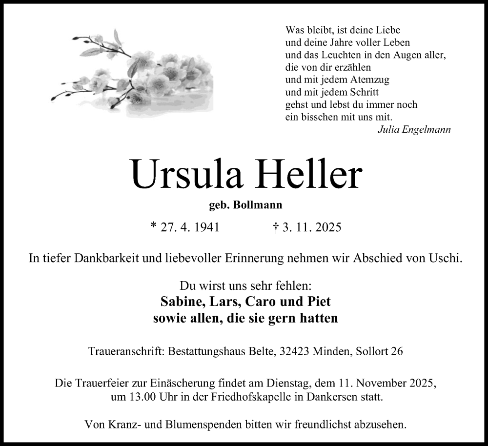  Traueranzeige für Ursula Heller vom 08.11.2025 aus Mindener Tageblatt