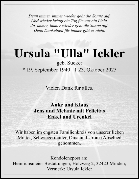 Anzeige von Ursula Ickler von Mindener Tageblatt
