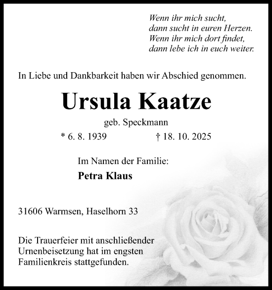 Anzeige von Ursula Kaatze von Mindener Tageblatt