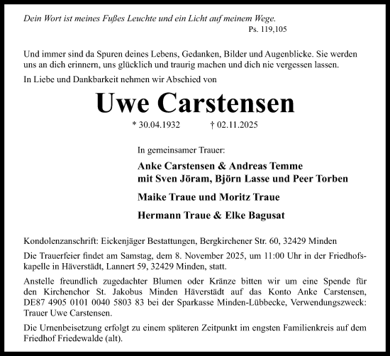 Anzeige von Uwe Carstensen von Mindener Tageblatt