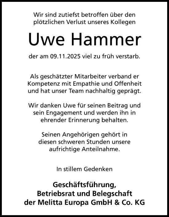 Anzeige von Uwe Hammer von Mindener Tageblatt