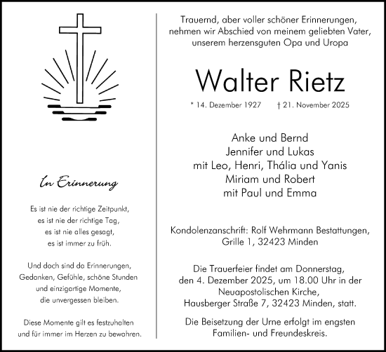 Anzeige von Walter Rietz von Mindener Tageblatt