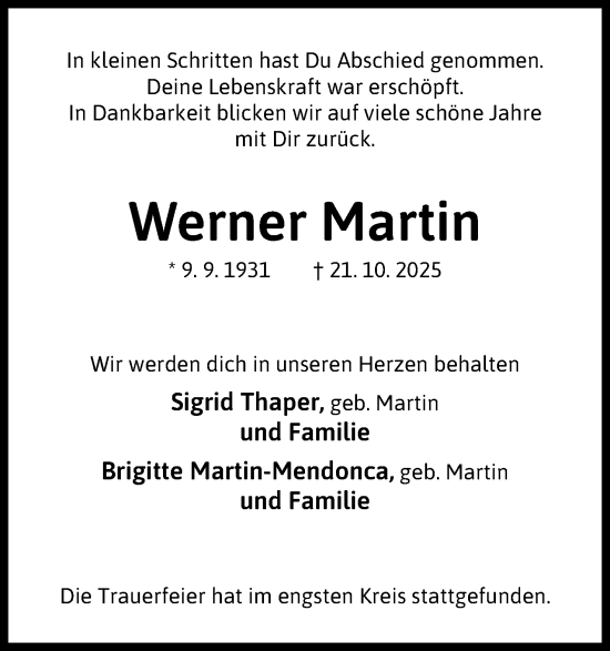 Anzeige von Werner Martin von Mindener Tageblatt