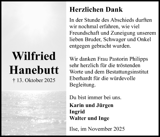 Anzeige von Wilfried Hanebutt von Mindener Tageblatt