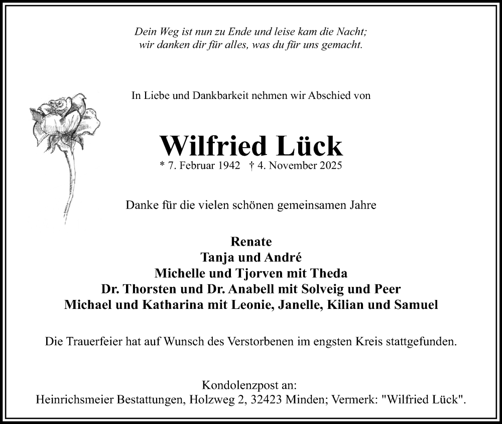  Traueranzeige für Wilfried Lück vom 22.11.2025 aus Mindener Tageblatt