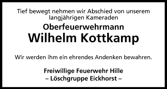 Anzeige von Wilhelm Kottkamp von Mindener Tageblatt