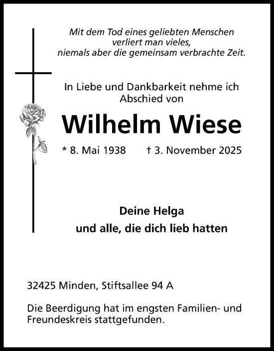 Anzeige von Wilhelm Wiese von Mindener Tageblatt