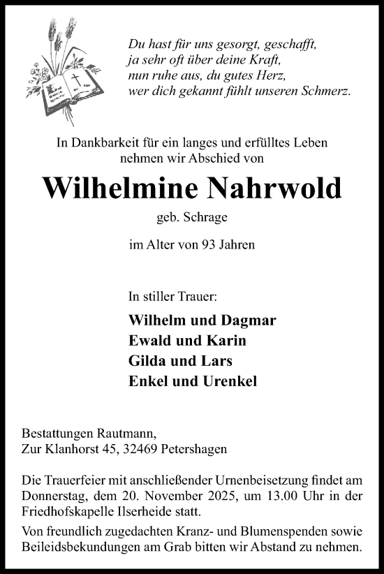 Anzeige von Wilhelmine Nahrwold von Mindener Tageblatt