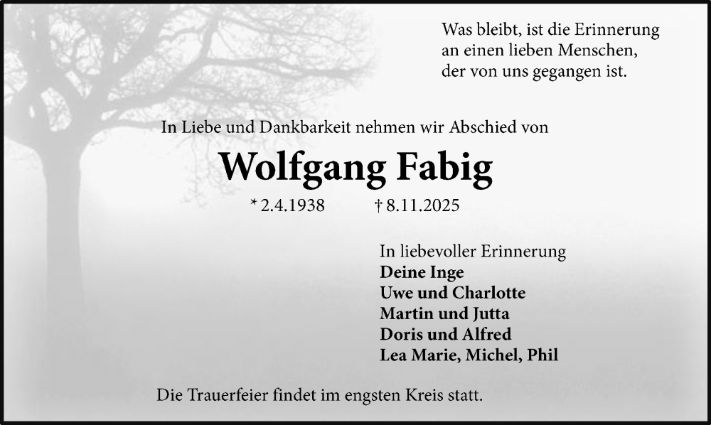  Traueranzeige für Wolfgang Fabig vom 15.11.2025 aus Mindener Tageblatt