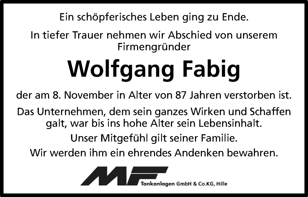  Traueranzeige für Wolfgang Fabig vom 15.11.2025 aus Mindener Tageblatt