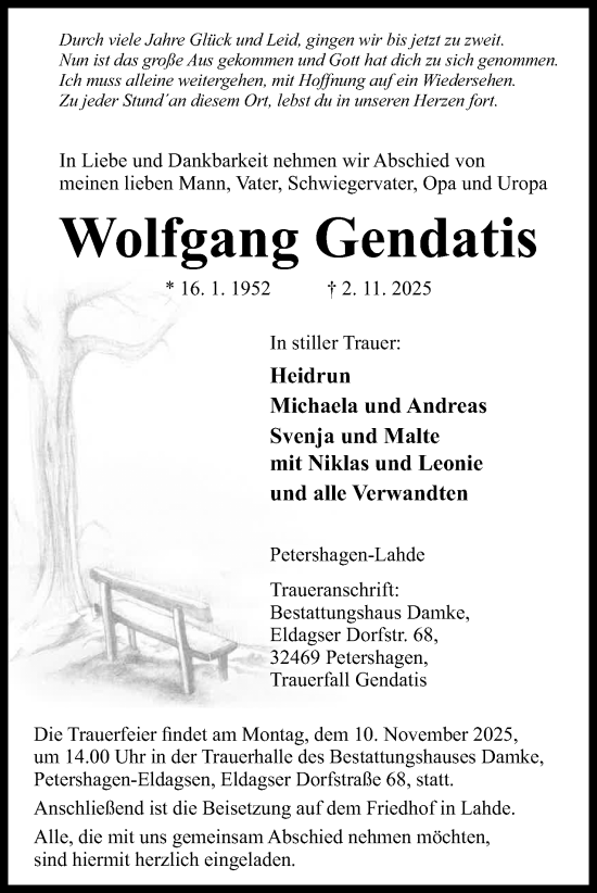 Anzeige von Wolfgang Gendatis von Mindener Tageblatt