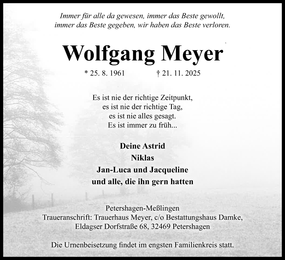  Traueranzeige für Wolfgang Meyer vom 29.11.2025 aus Mindener Tageblatt