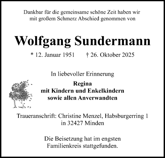 Anzeige von Wolfgang Sundermann von Mindener Tageblatt