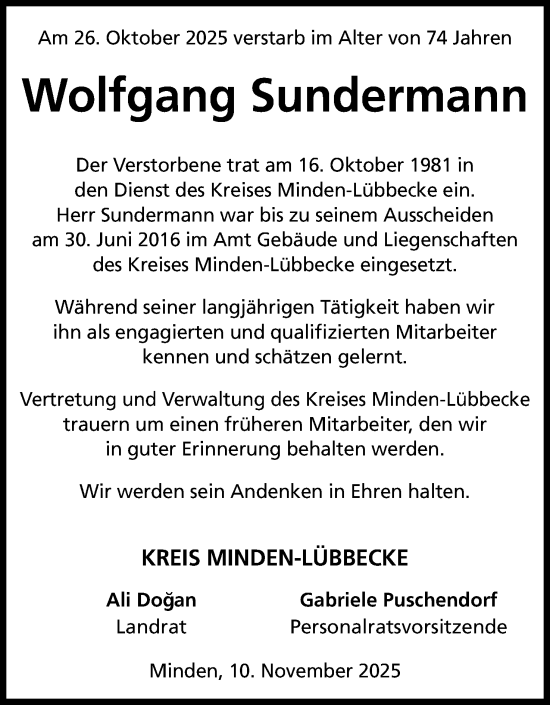 Anzeige von Wolfgang Sundermann von Mindener Tageblatt