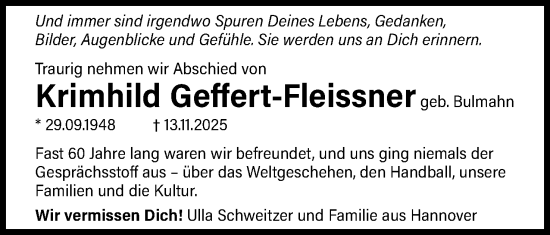 Anzeige von Krimhild Geffert-Fleissner 