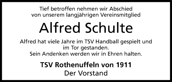 Anzeige von Alfred Schulte von Mindener Tageblatt