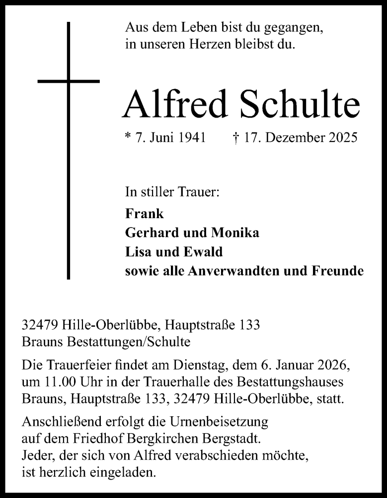  Traueranzeige für Alfred Schulte vom 27.12.2025 aus Mindener Tageblatt
