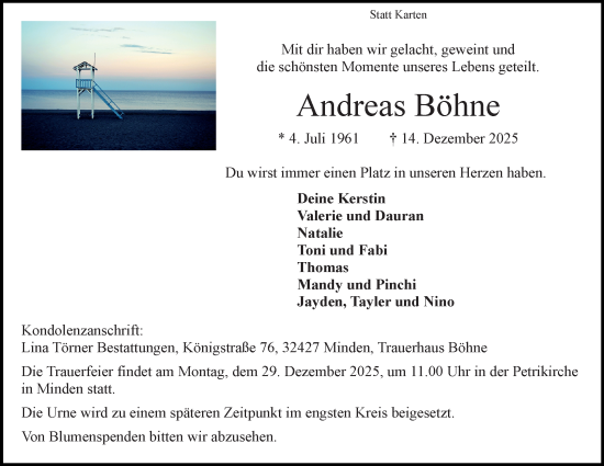 Anzeige von Andreas Böhne von Mindener Tageblatt