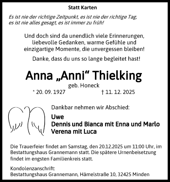 Anzeige von Anna Thielking von Mindener Tageblatt