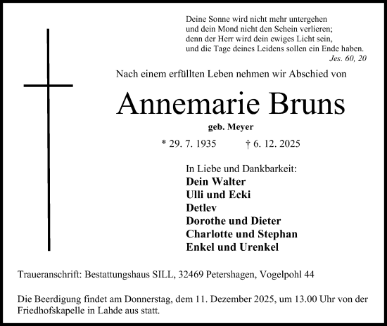 Anzeige von Annemarie Bruns von Mindener Tageblatt