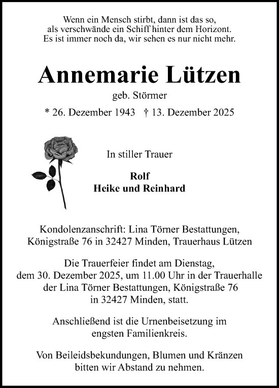 Anzeige von Annemarie Lützen von Mindener Tageblatt
