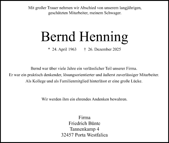 Anzeige von Bernd Henning von Mindener Tageblatt